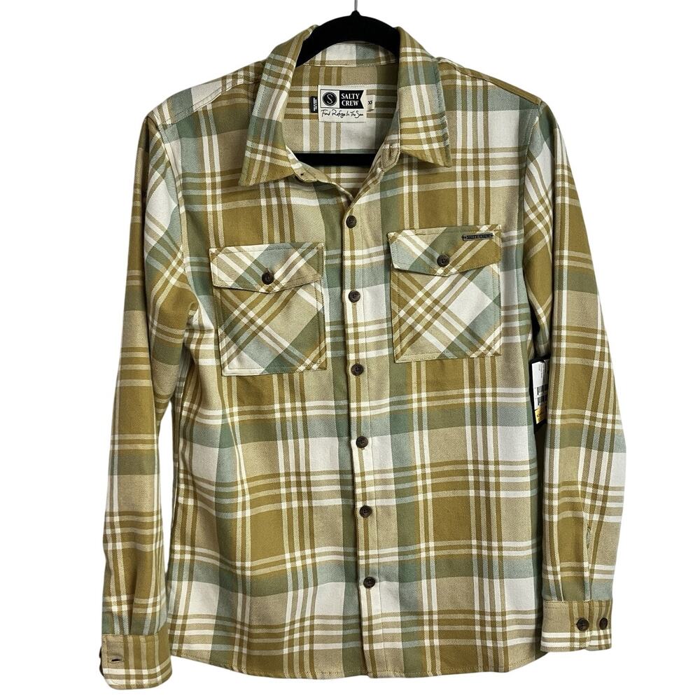 Salty Crew Long Haul Flannel Western Shirt Brown Gold Plaid Womens Size XS